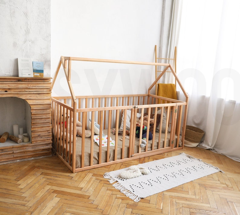 House Playpen Bed with Fall Protection and Slatted Frame by Busywood, Solid Wood Platform Bed image 5