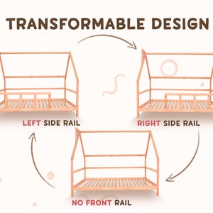 May include: A wooden toddler bed frame with a transformable design. The bed frame can be assembled with a left side rail, a right side rail, or no front rail. The bed frame is made of natural wood and has a simple, modern design.