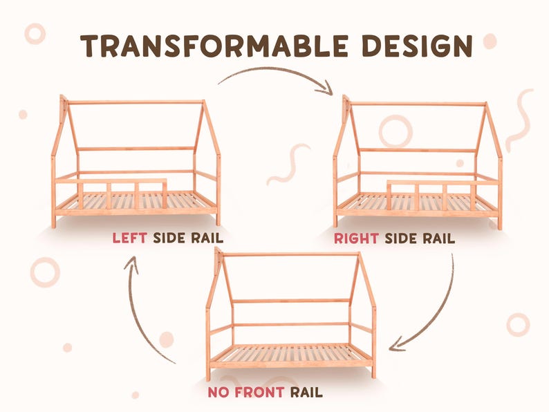 May include: A wooden toddler bed frame with a transformable design. The bed frame can be assembled with a left side rail, a right side rail, or no front rail. The bed frame is made of natural wood and has a simple, modern design.