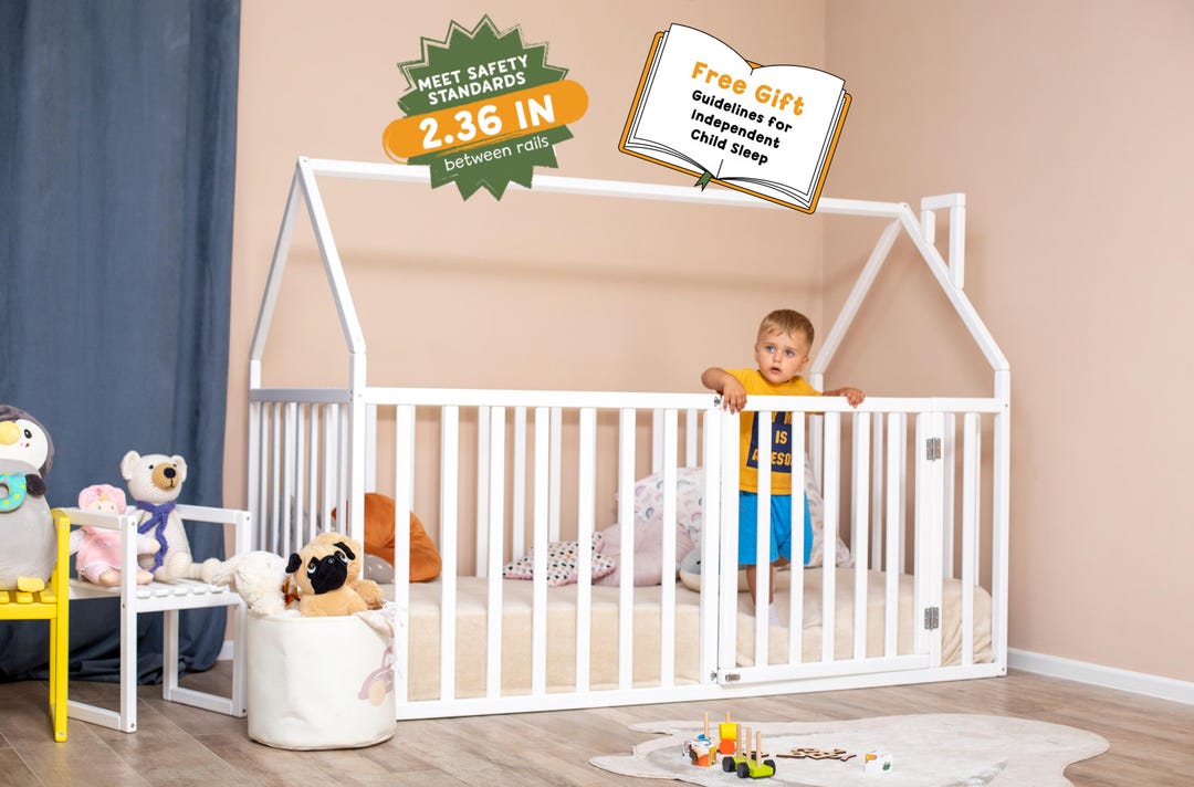 Montessori Playpen Bed, Toddler Floor Bed With Extra High Rails