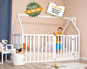Montessori Playpen Bed, Toddler Floor Bed With Extra High Rails