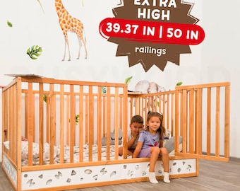 Toddler Bed with High Rails, Montessori Floor Bed with Fall Protection, Toddler Safety Bed, Wooden Playpen Bed with Slats, Kids Furniture
