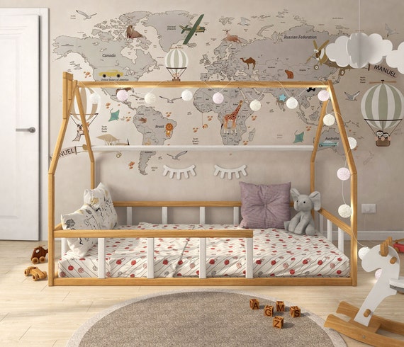 Camas de casa completa con nido y rieles Montessori de madera para niños  con pared y ventanas, casa de juegos de madera, marco de cama para niñas y