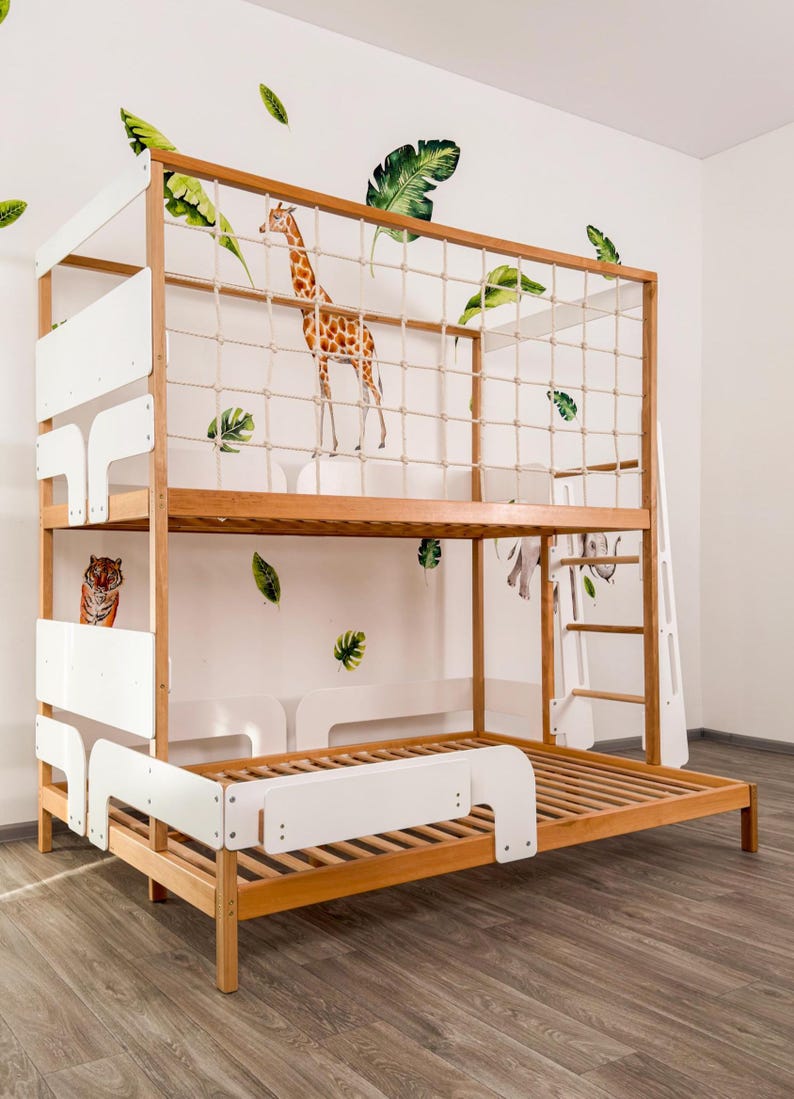 Twin Over Full Kids Bunk Bed, Toddler Bunk Bed, Montessori Twins Bed, Kids Playhouse, Loft Kids Bed with Climbing Net, Kids Furniture image 12