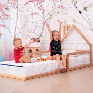Suelo de madera tipo cama de Busywood, Cama cabecera de la casa, Marco de cama de plataforma, Muebles de dormitorio para niños imagen 1
