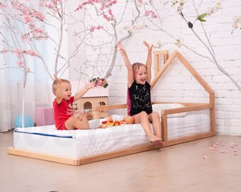 Lit de type plancher en bois par Busywood, lit de tête de lit de la maison, cadre de lit plate-forme, meubles de chambre pour enfants