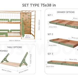 Pu&ograve; includere: Letto a castello in legno con elementi per arrampicata, tavolo rimovibile e opzioni di cassetti. Il letto misura 190,5 x 96,5 cm, con parete per arrampicata e scala. Opzioni di cassetti fino a 94 cm di larghezza. Il tavolo rimovibile &egrave; largo 95,6 cm.