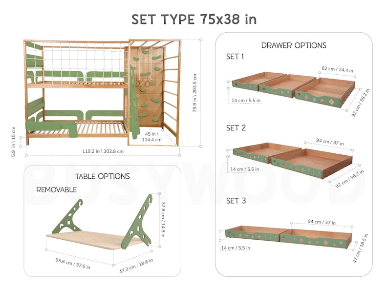 Pu&ograve; includere: Letto a castello in legno con elementi per arrampicata, tavolo rimovibile e opzioni di cassetti. Il letto misura 190,5 x 96,5 cm, con parete per arrampicata e scala. Opzioni di cassetti fino a 94 cm di larghezza. Il tavolo rimovibile &egrave; largo 95,6 cm.