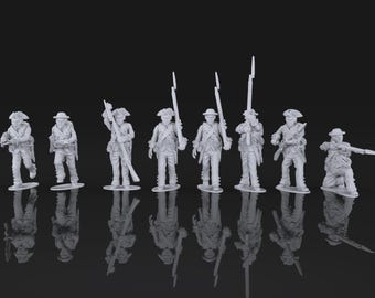 May include: A set of nine white plastic toy soldiers, each holding a musket and wearing a hat. The soldiers are standing in a line on a black background.