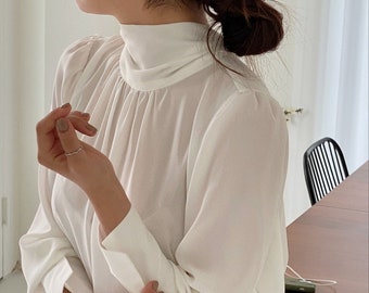 Top for women / Shirring top / Shirring mood top / Tie blouse / Drape mood top / Modern chic top / High neck blouse / Gift for her