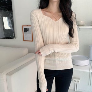 Square neck knit top / Cashmere blended sweater / Knit sweater top / Knit blouse / Romantic mood top / Wool knit top / Unique top