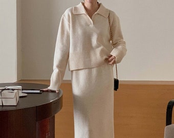 Knit top and skirt set / Wool knit set up / Wool sweater women / Wool knit skirt / Knit banding skirt / Maxi knit skirt / Collared knit top