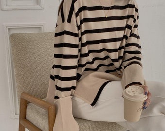 Knit top women / Stripe knit top / Sweater for women / Loose fit sweater / Cozy knit top / Soft sweater women