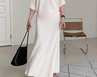 Ribbed Knit Top and Maxi Skirt Set: Boat Neck, Elastic Waist, Summer Outfit