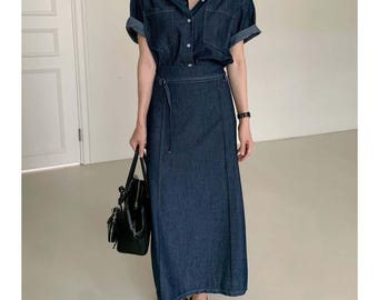 Denim top and skirt / Denim skirt / Maxi skirt / Elastic banding skirt / Summer shirt / Cotton skirt