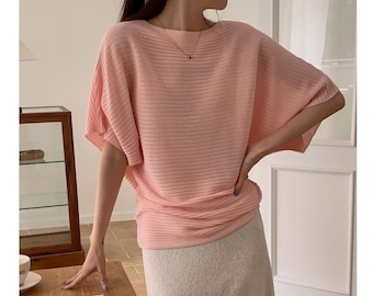 Boat neck top / Knit top women / Loose knit top / Boat neck knit top / Summer knit top / Ribbed knit top