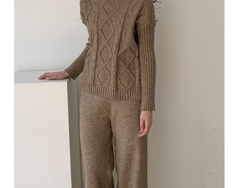Knit top and pants / Wool cable sweater women / Knit pants / Knit banding pants / Cable knit top / Wool knit pants