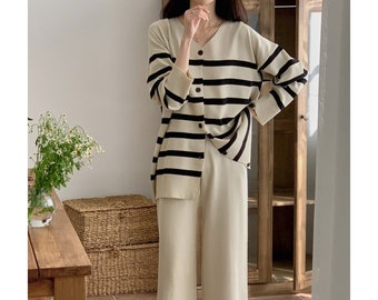 Knit cardigan and pants set / Stripe knit cardigan / Knit cardigan / Knit pants / Sweater knit pants / Knit wide pants / Knit banding pants