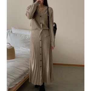 Cable-Knit V-Neck Cardigan and Pleated Skirt Set