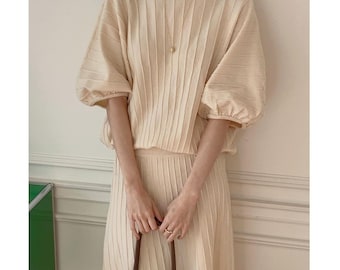 Knit top and skirt / Puff sleeve knit top / Maxi knit skirt / Flare knit skirt / Balloon fit knit top / Banding knit skirt