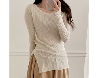 Top for women / Linen knit top / See through top / Summer knit top / Slit knit top / Cozy linen top