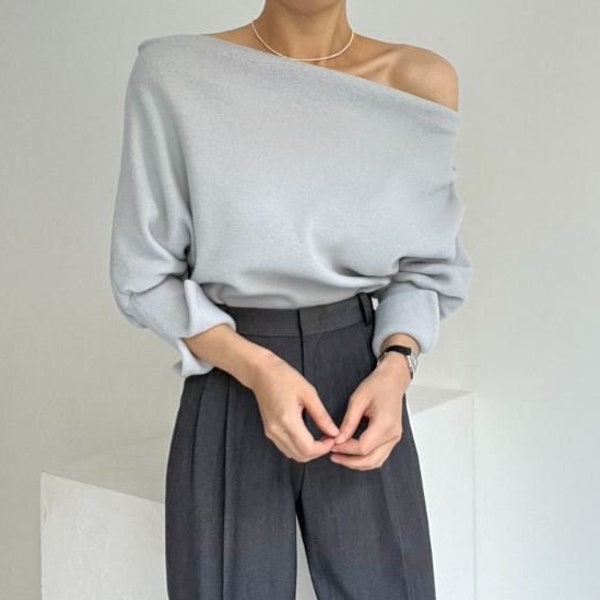 Boat neck top / Unbalanced neck top / Shirring mood top / Shirring top / Drape top / Off-Shoulder top / Soft knit top / Knit top women /