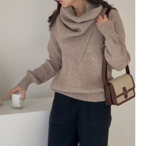 Sweater for women / Knit warmer and top set / Cowl neck sweater /  Knit top women / Knit muffler / V-Neck sweater / Sweater warmer