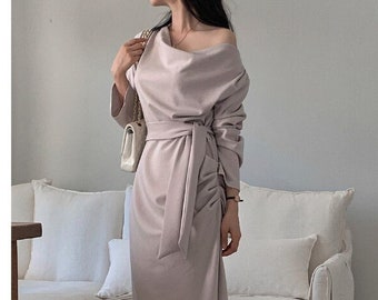 Wrap dress / Mood wrap dress / Drape dress / Shirring wrap dress / Unbalanced neck shirring dress / Romantic mood dress / Kimono wrap dress