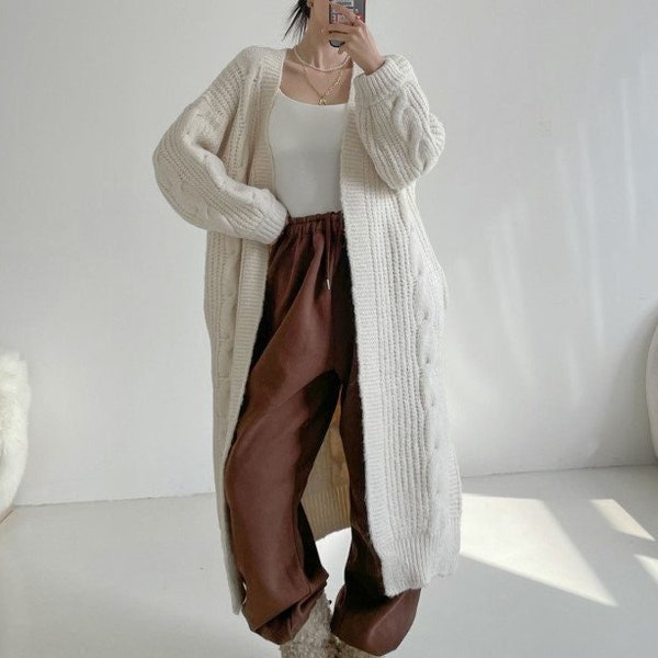 Cardigan en tricot de laine / Cardigan maxi long / Cardigan maxi câble / Cardigan pull / Cardigan surdimensionné / Cardigan pull câble