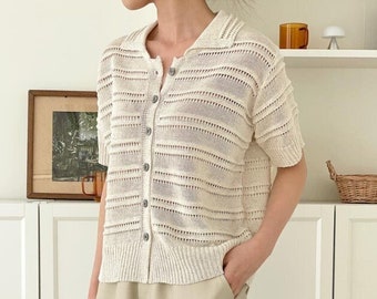 Linen knit top / Linen top women / Summer knit top / Punching knit top / Cotton knit top / Linen knit blouse / Button down top