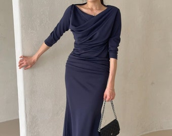 Unbalanced shirring neck dress / Boat neck dress / Shirring dress / Maxi long dress / Drape dress / Romantic dress