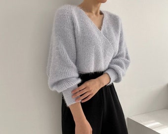 Wrap knit top / Crop knit top / Sweater for women / Wrap knit sweater / Crop wrap sweater / Fur knit top / Fur sweater / Wrap mood top