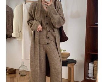 Knit 3pcs set up / Knit top pants and cardigan set / Knit lounge wear / Sweater for women / Maxi long cardigan / Knit wide pants