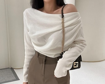 Top for women / Boat neck top / Unbalanced neck shirring top / Shirring mood top / Drape shirring top / Gift for her / Off shoulder top