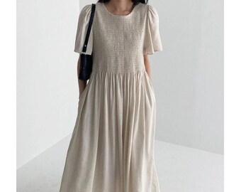 Linen dress / Maxi linen dress / Fit and Flare dress / Half sleeve dress / Summer linen dress / Shirring dress