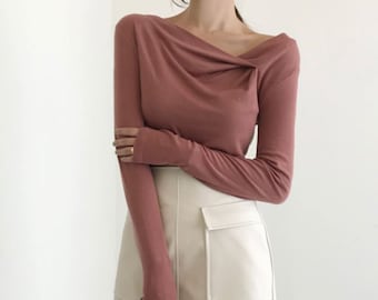 Tops for women / Unbalanced shirring neck top / Shirring blouse / Handmade blouse / Drape top / Minimalist top / Handmade top / Gift for her
