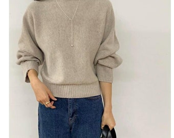 Cashmere blended sweater / Boat neck knit top / Crop knit top / Fine wool sweater / Knit top women / Wool sweater women