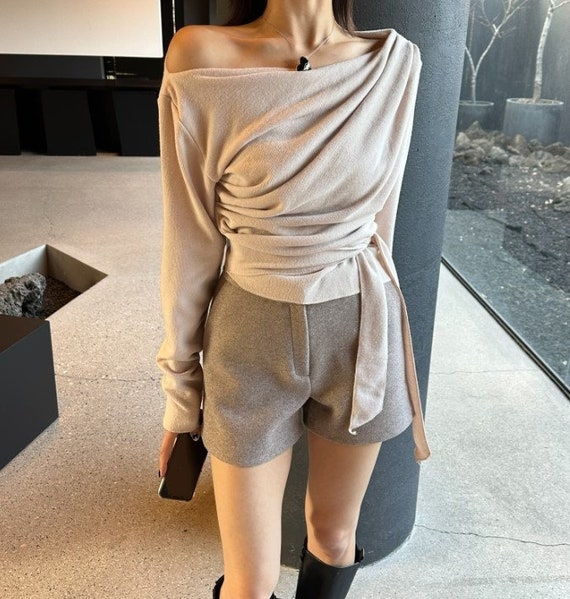 Boat neck top / Unbalanced shirring neck top / Wrap mood top / Tunic wrap top / Boat neck blouse / Shirring wrap top / Shirring mood top