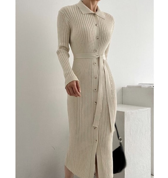 cream knit wrap dress Sweater / Maxi Long Sweater Dress / Dress / Dress / Wrap Mood Dress / Belted Dress / Maxi Knit Dress colorgrp-48066