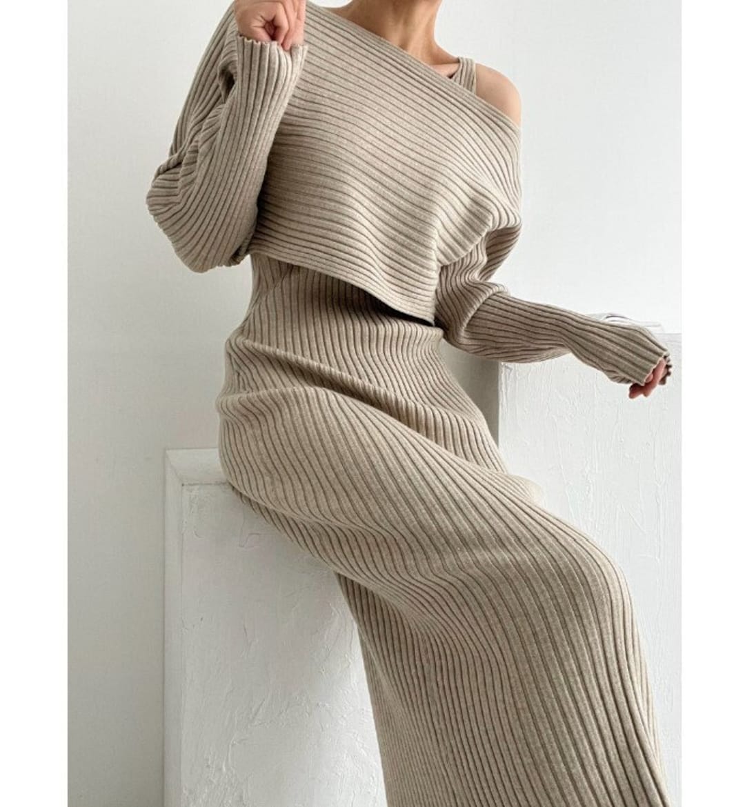 Knit Top and Dress Set / Boat Neck Knit Top / Boat Neck Sweater / Crop ...