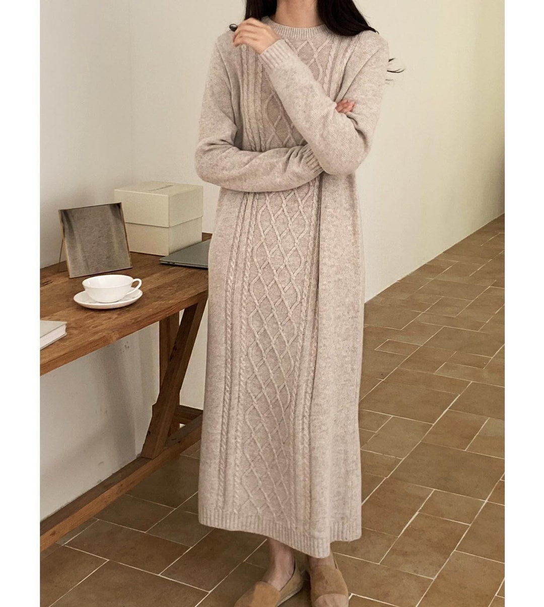 Cable-Knit Long Sleeve Sweater Dress