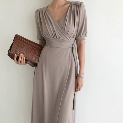 Wrap Dress / Shirring Dress / Wrap Shirring Dress / Maxi Long Dress / Short Sleeve Dress / Romantic Mood Dress / Mood Dress / Kimono Dress