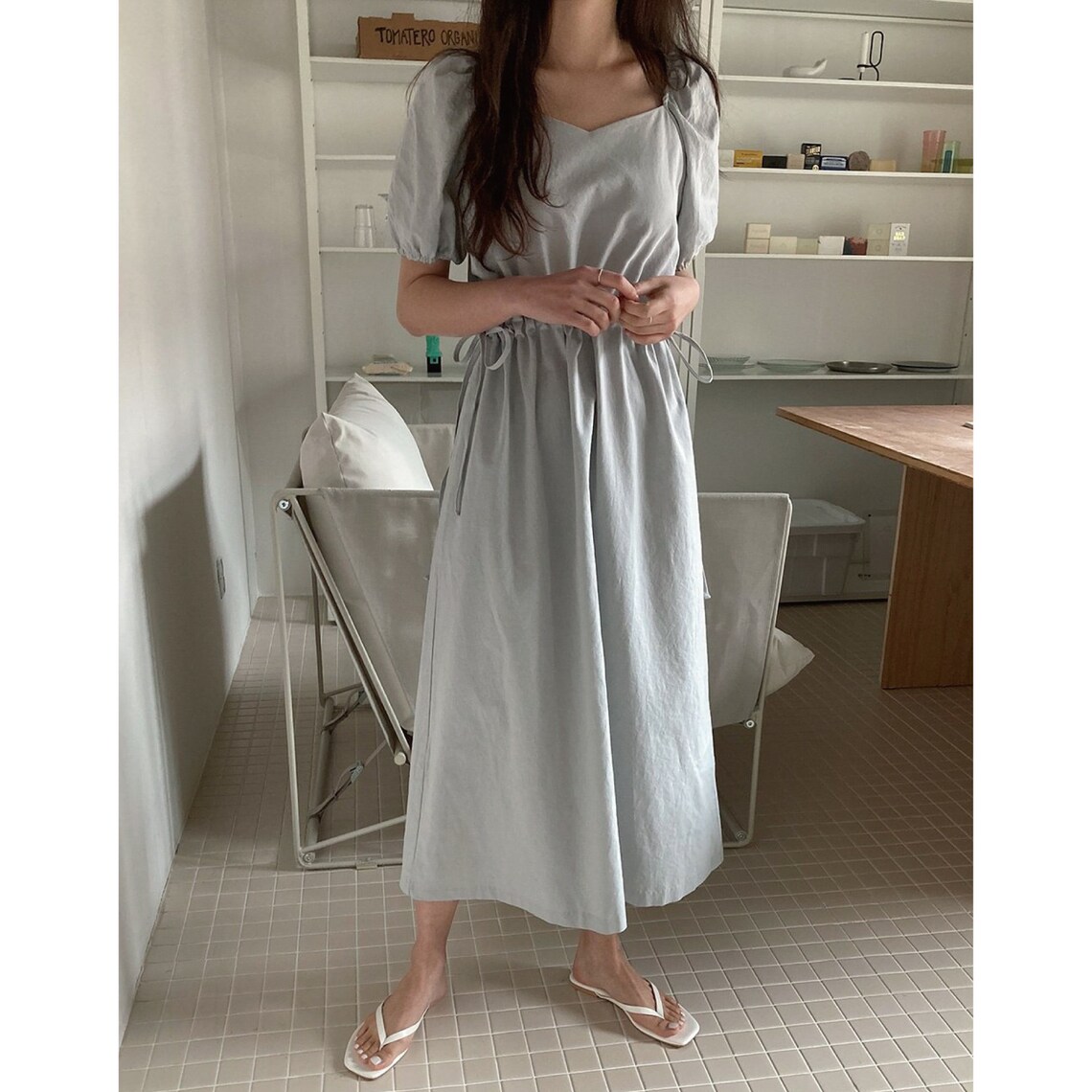 Linen dress / Puff sleeve dress / Square neck dress / Romantic | Etsy
