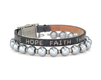 Good Works Love, Hope, Faith Leather Magnetic Inspirational Pearl Bracelet - Black