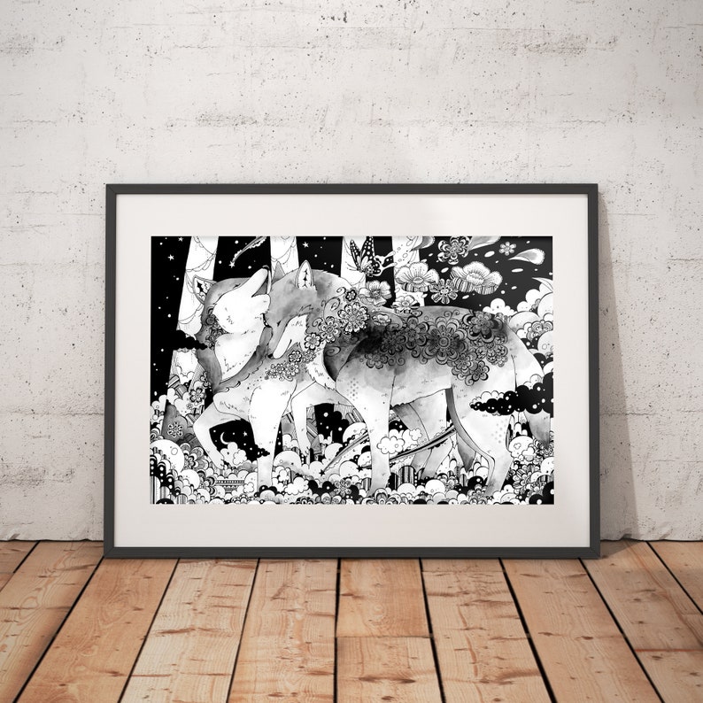 Wolf forest Poster art print, animal print, room decor, wall art, Illustration, art, artwork, no frame image 2