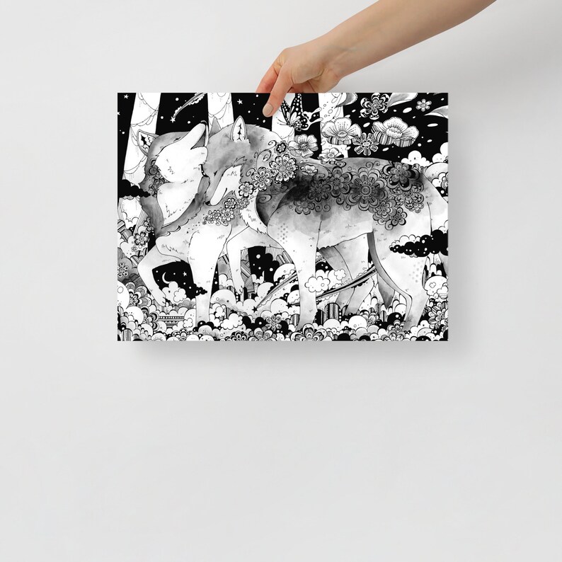 Wolf forest Poster - art print, animal print, room decor, wall art, Illustration, art, artwork, no frame