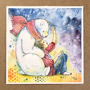 Originele aquarelillustratie - Ijsbeerillustratie, Winterkunst, originele tekening, 15 × 15cm formaat