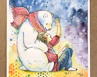 Original Watercolor Illustration - Polar bear illustration, Winter Art, Original Drawing,  15 × 15cm size