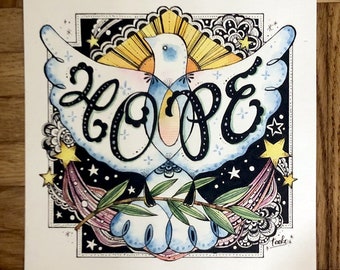 Illustration originale à l’aquarelle - illustration de colombe HOPE, dessin original, format 15 × 15cm