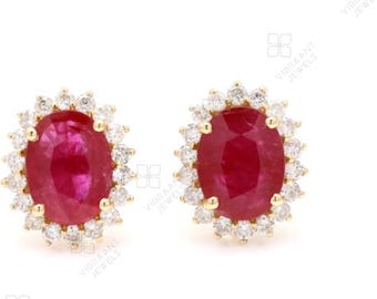 14k Gold Ruby Halo Studs | Oval Ruby with Diamond Earrings | Minimal Daily Wear Gift for Her | Gemstone Cluster Fine Jewelry